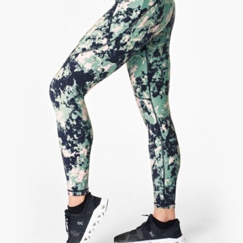 Sweaty Betty Power Workout Leggings Green Abstract Tie Dye Print Size XL NWT